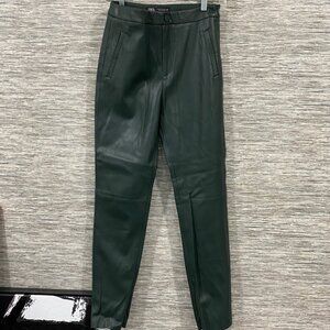 Zara Faux Leather Olive Green Slim Pants Streetwear w/ Ankle Zippers - Size M